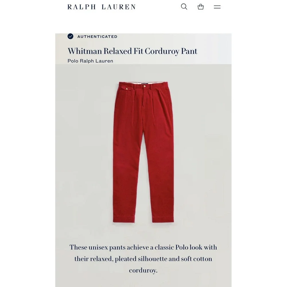 Polo Ralph Lauren Whitman Relaxed Fit Corduroy Pants Men's 38x32‎ Red NWT